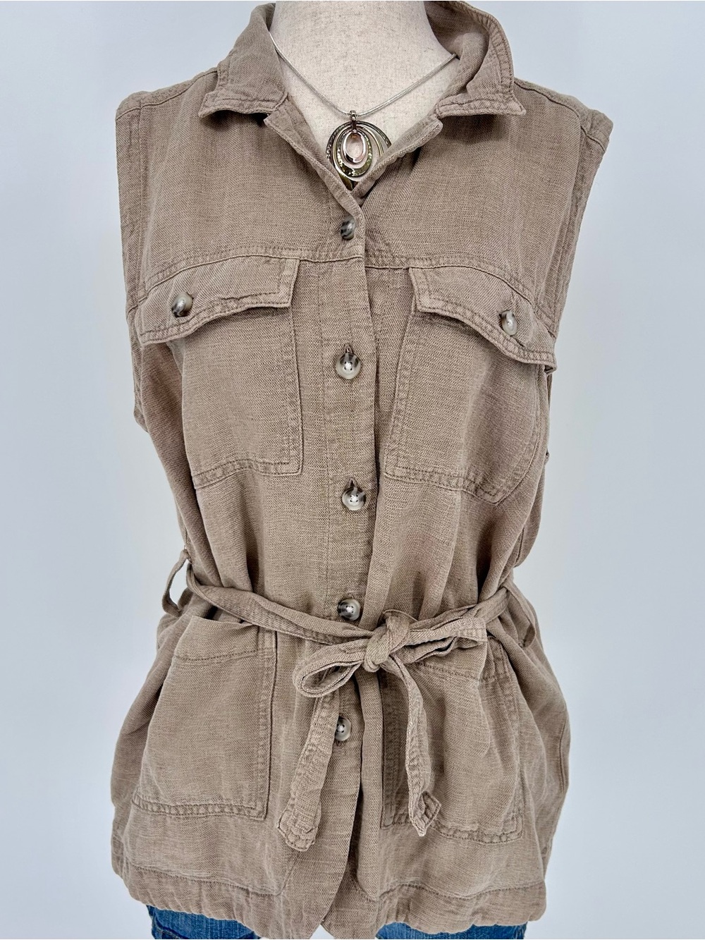 Boho Linen Blend Tan Taupe Utility Safari Vest Belted